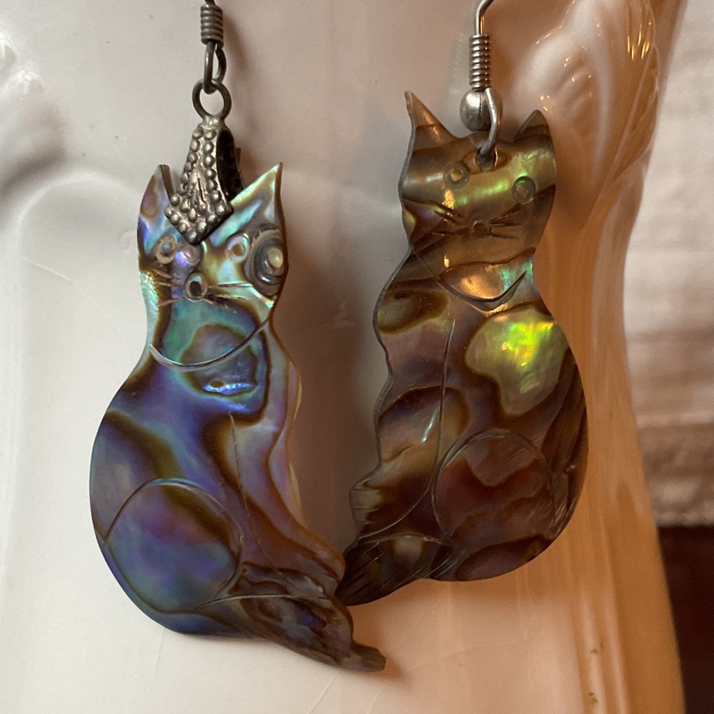 Iridescent Abalone Cat Earrings - Blue Green Purple Sheen